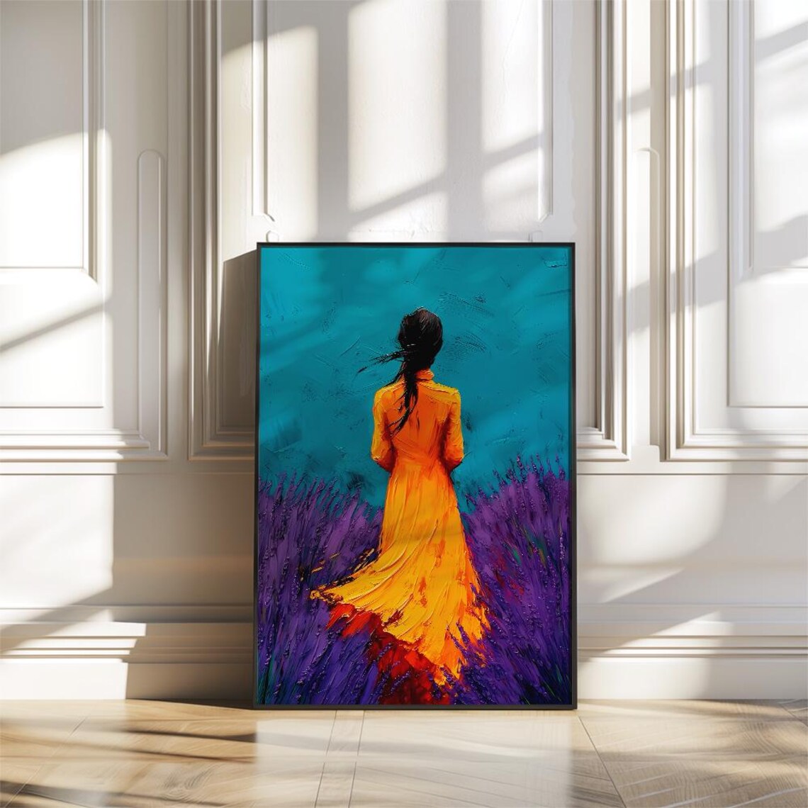 Woman in Orange Dress in Lavender Field Impasto Oil Art Poster - Image 2