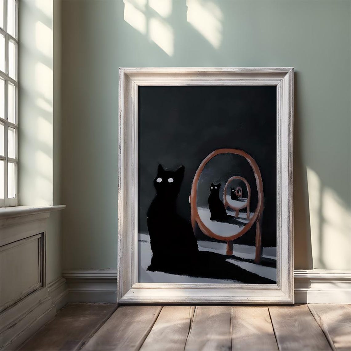 Black Cat With Infinity Mirror Reflections Dark Moody Art Poster - Image 3