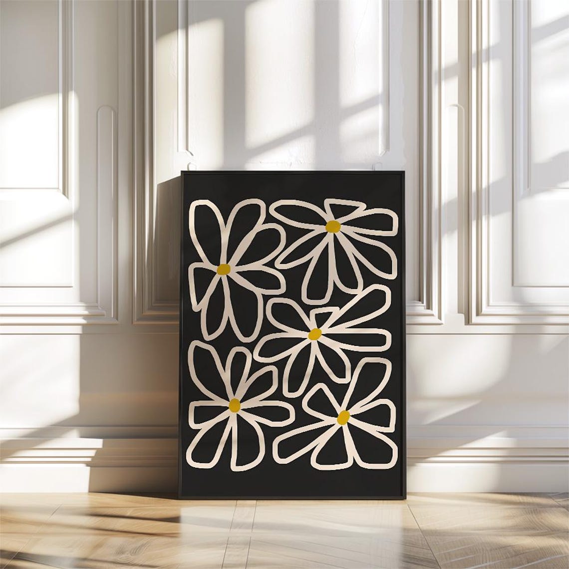 Minimalist Cream Line Daisies on Black Modern Botanical Poster - Image 3