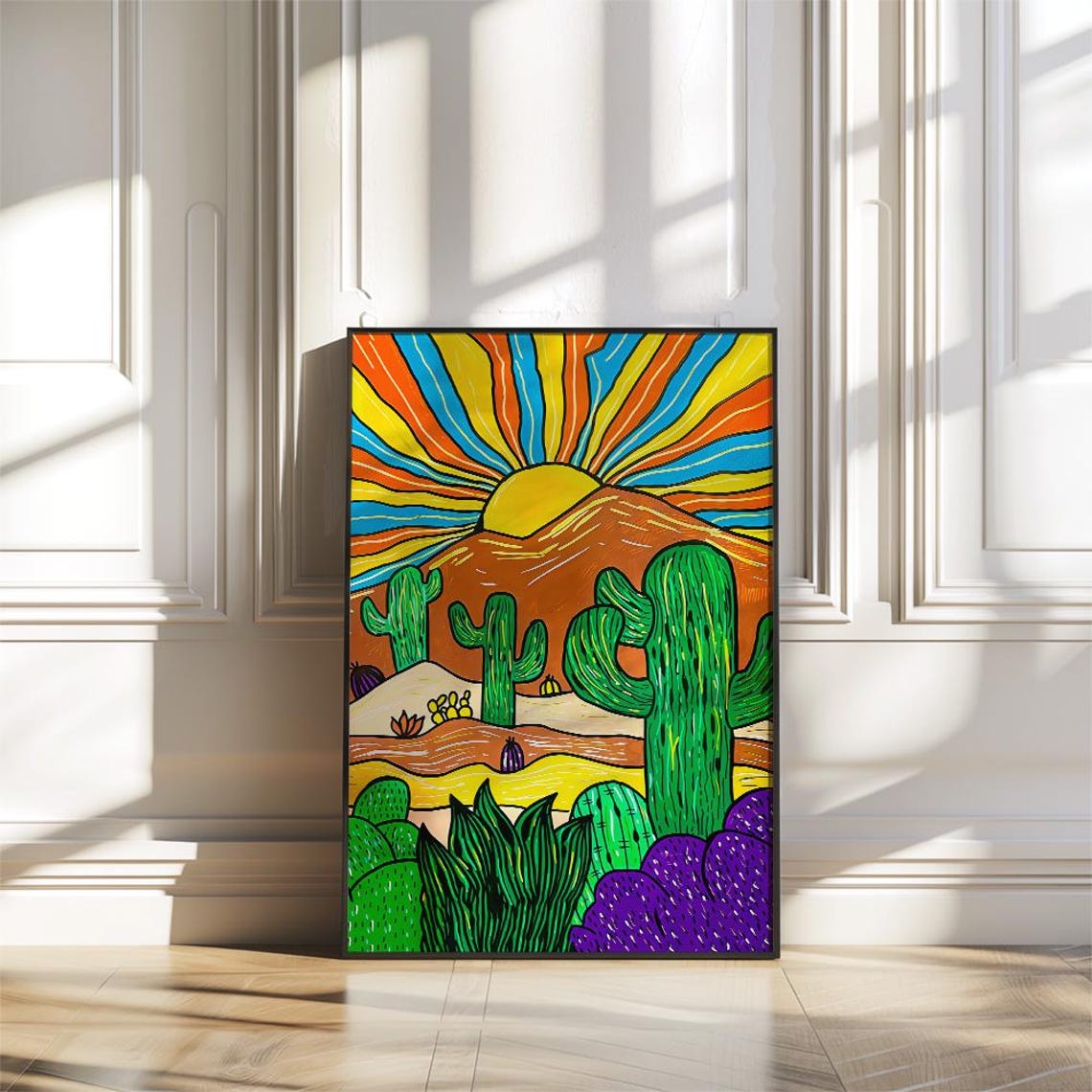 Colorful Desert Landscape With Cactus and Sun Modern Art Poster - Image 2