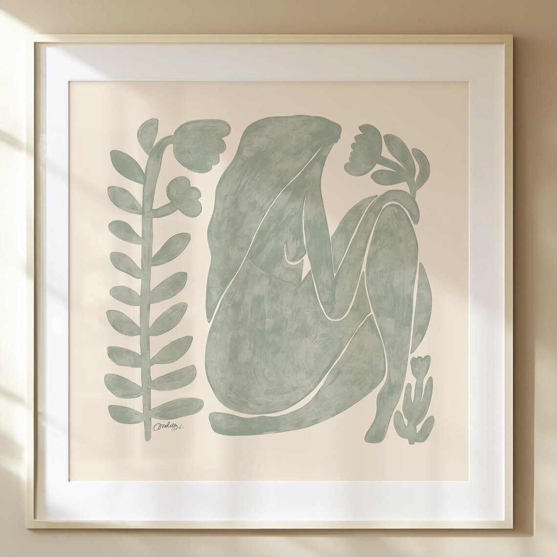 Muted Sage Seated Woman Botanical Abstract Figure Art Poster