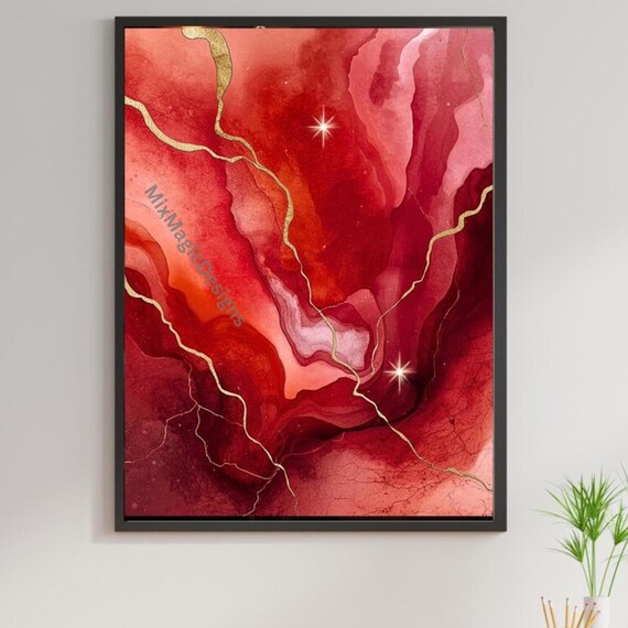 Luxurious Bohostyle Wall Art Modern Print Abstract Watercolor Poster In Red And Gold With Stars Available A1 A2 A3 A4 A5