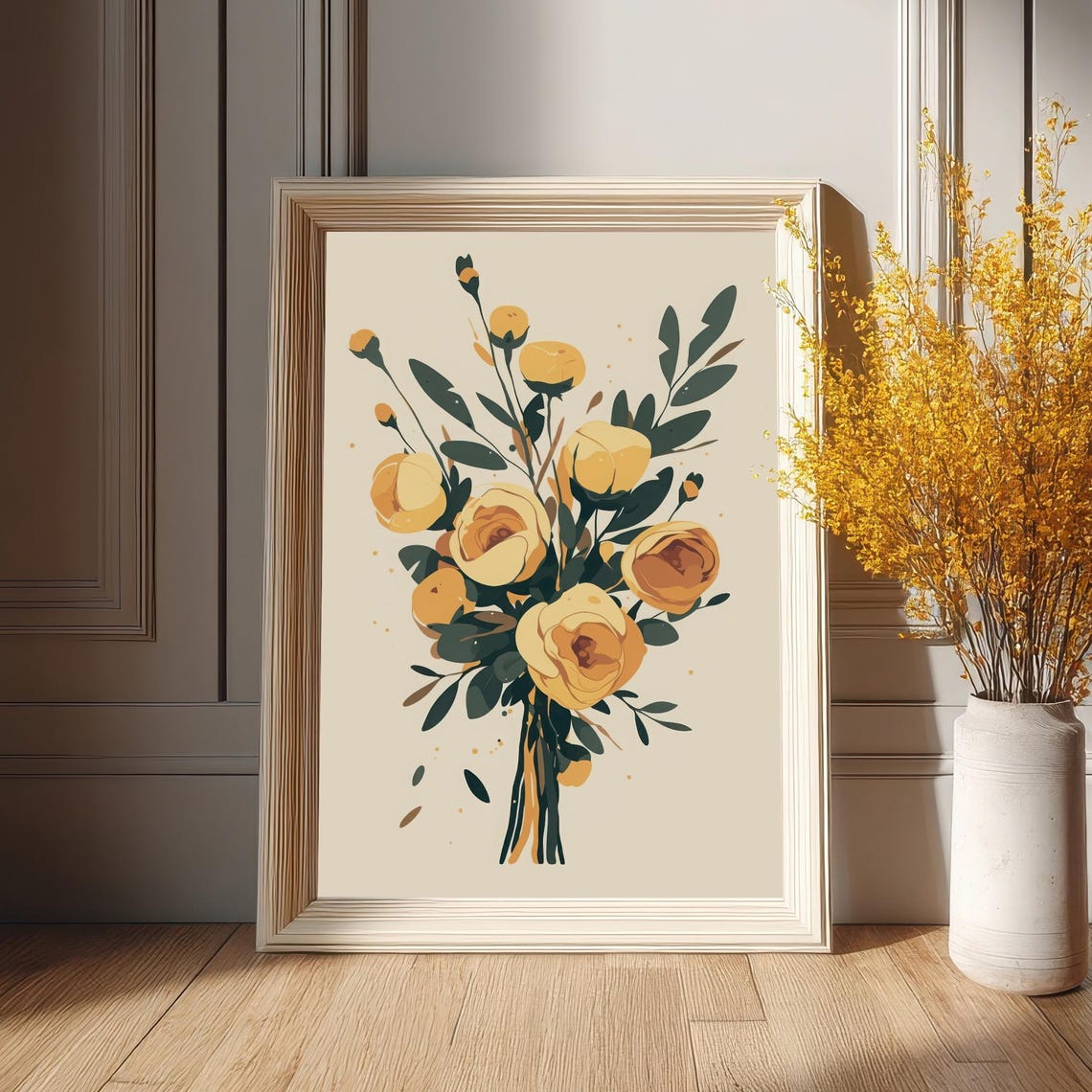 Golden Yellow Rose Bouquet Illustration Modern Floral Wall Art