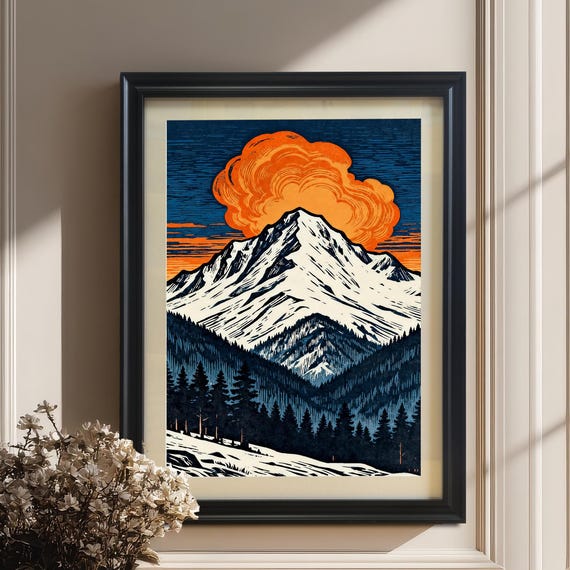 Woodcut Mountain Art Print Snow Peak Orange Sunset Framed Wall Decor