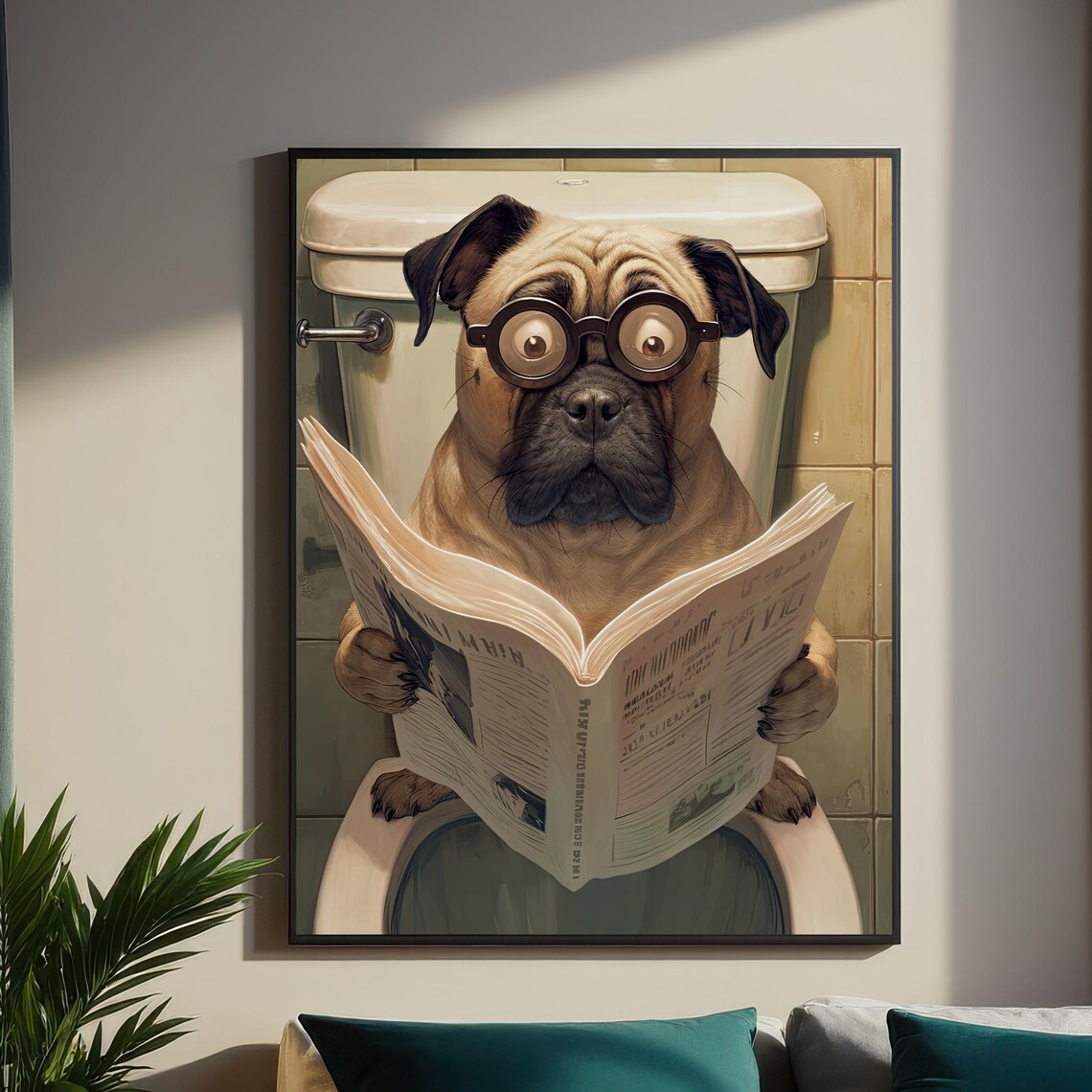 Funny Pug On Toilet Reading Newspaper With Glasses Bathroom Wall Art