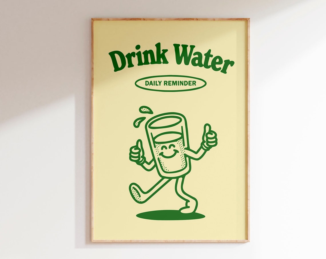 Drink Water Daily Reminder Retro Cute Wellness Quote Wall Art