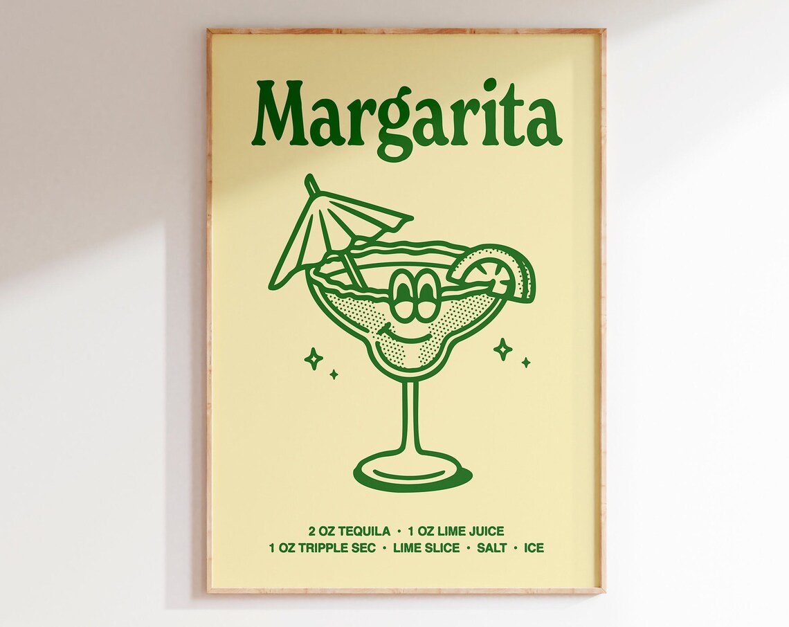 Margarita Cocktail Recipe Retro Green Bar Cart Drink Art Poster