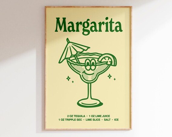 Margarita Cocktail Recipe Retro Green Bar Cart Drink Art Poster