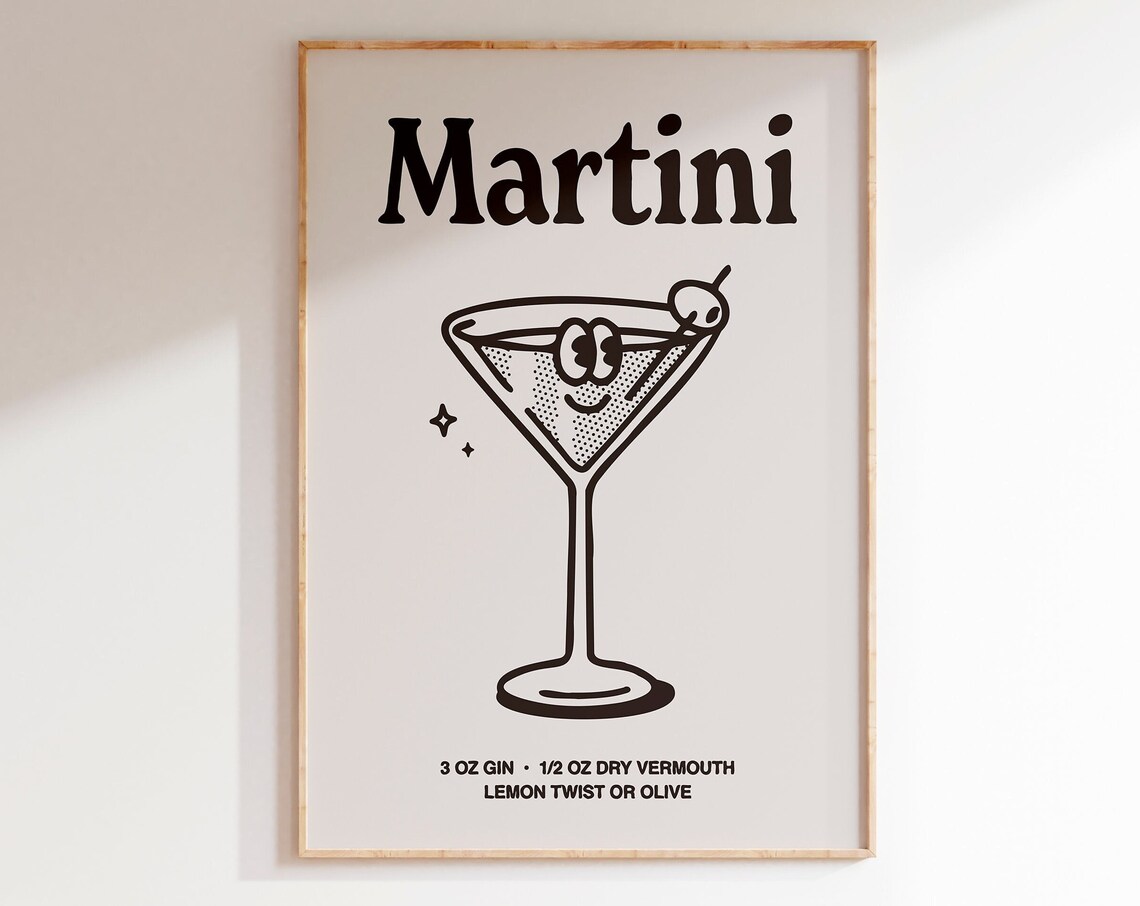 Retro Martini Cocktail Recipe Glass Illustration Black White Print