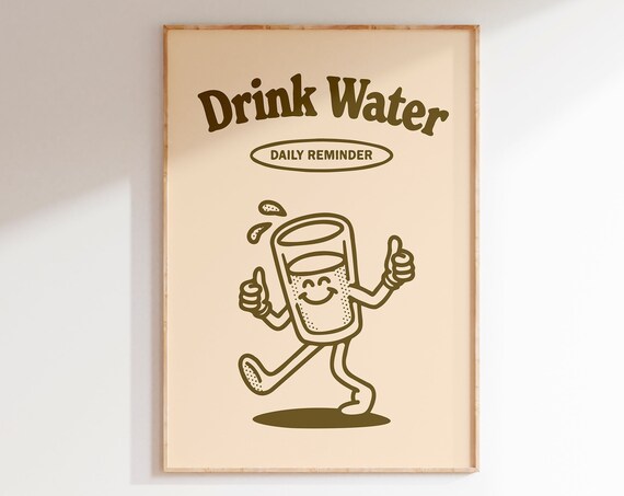 Cute Water Print Self Care Poster Trendy Vintage Illustration Wall Art Retro Water Poster Retro Glass Of Water Print