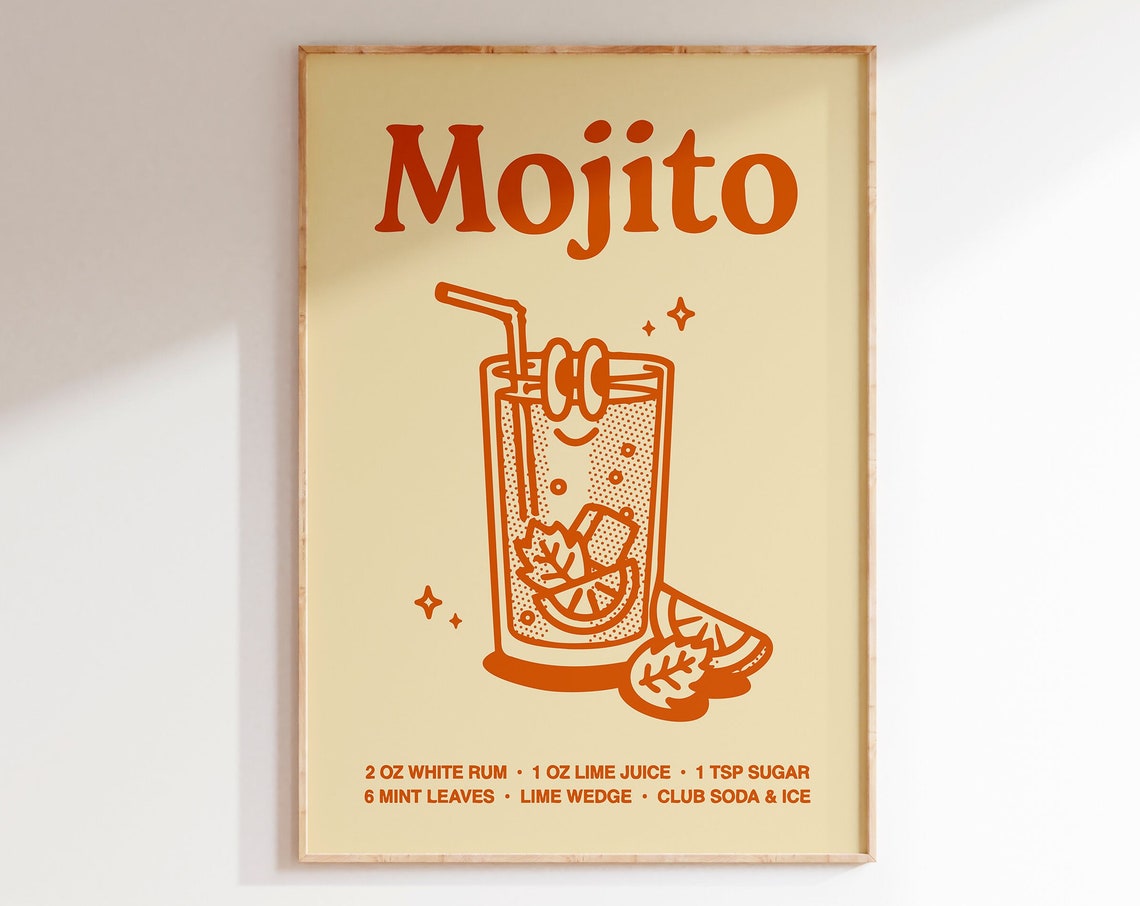 Retro Mojito Cocktail Recipe Glass Illustration Kitchen Bar Print