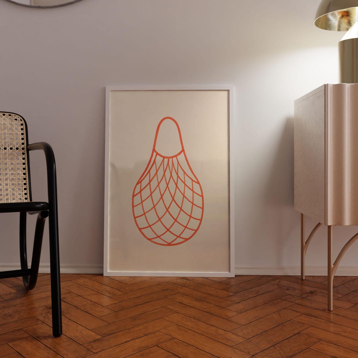 Minimalist Orange Line Art Mesh Market Bag Retro Kitchen Poster