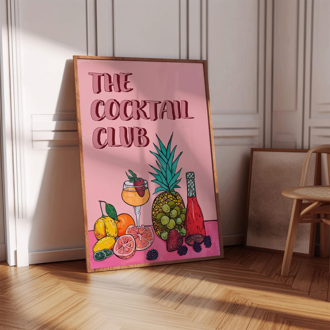 The Cocktail Club Pink Retro Typography Tropical Bar Cart Print