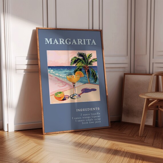 Margarita Cocktail Recipe Blue Beach Typography Wall Decor Poster