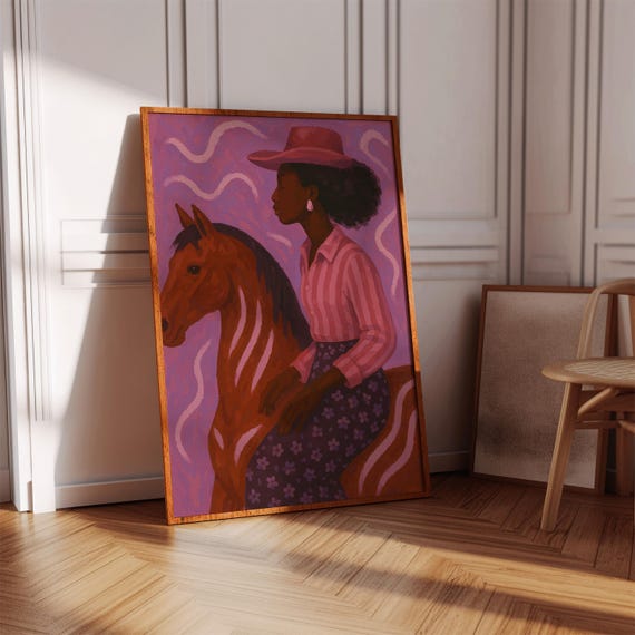 Pink Cowgirl Painting Howdy Wall Art Pearl Earrings Girl Western Southwestern Girly Preppy Bedroom Decor