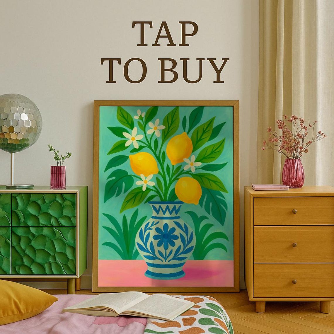 Tropical Floral Wall Art Vibrant Hibiscus Poster Blue Folk Vase Print Coastal Boho Home Decor Bright Botanical