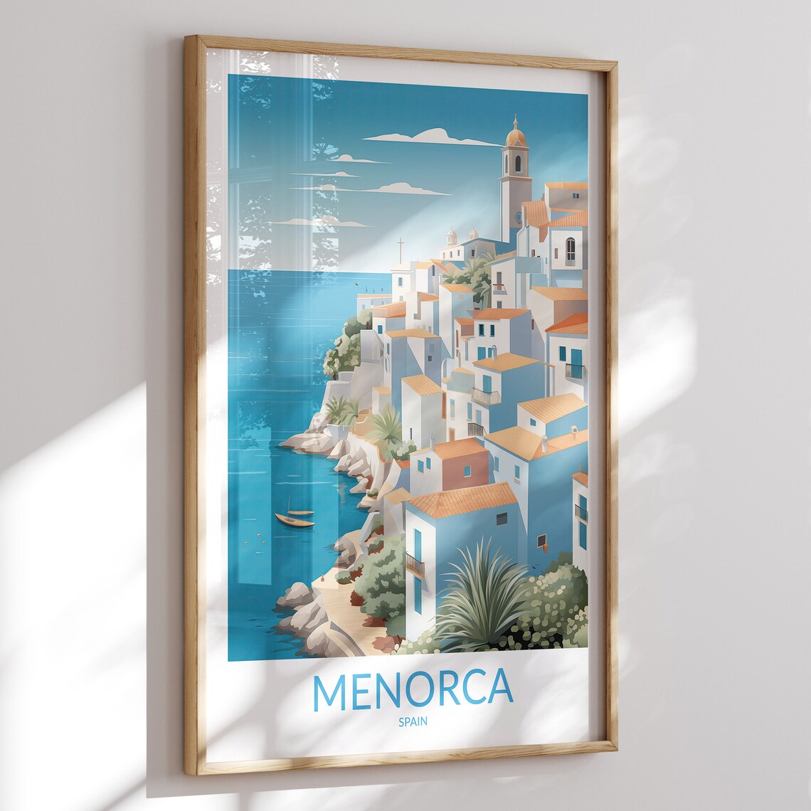 Menorca Spain Cliffside Village Travel Poster with Church Tower Views