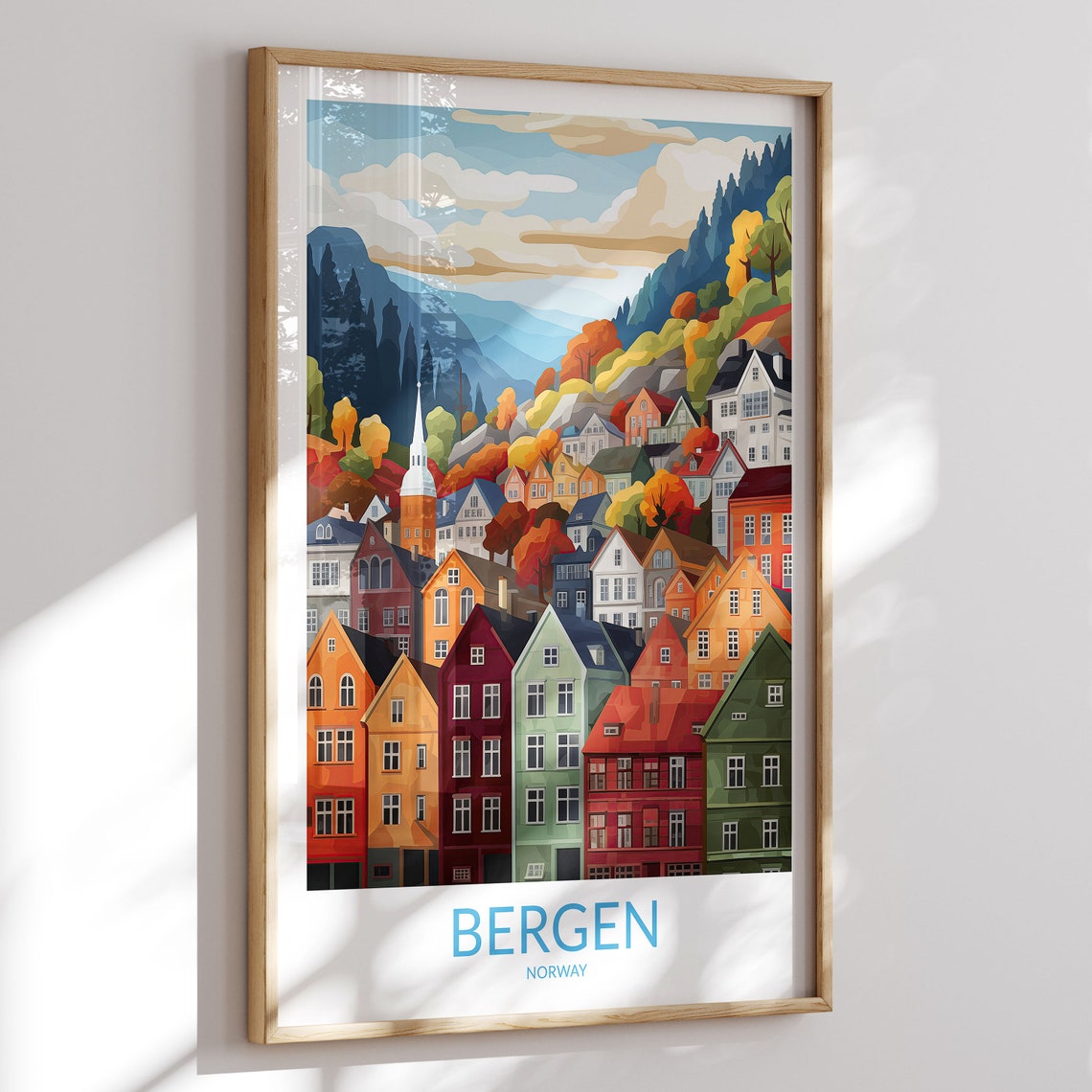 Bergen Norway Bright Colorful Old Townhouses White Spire Poster