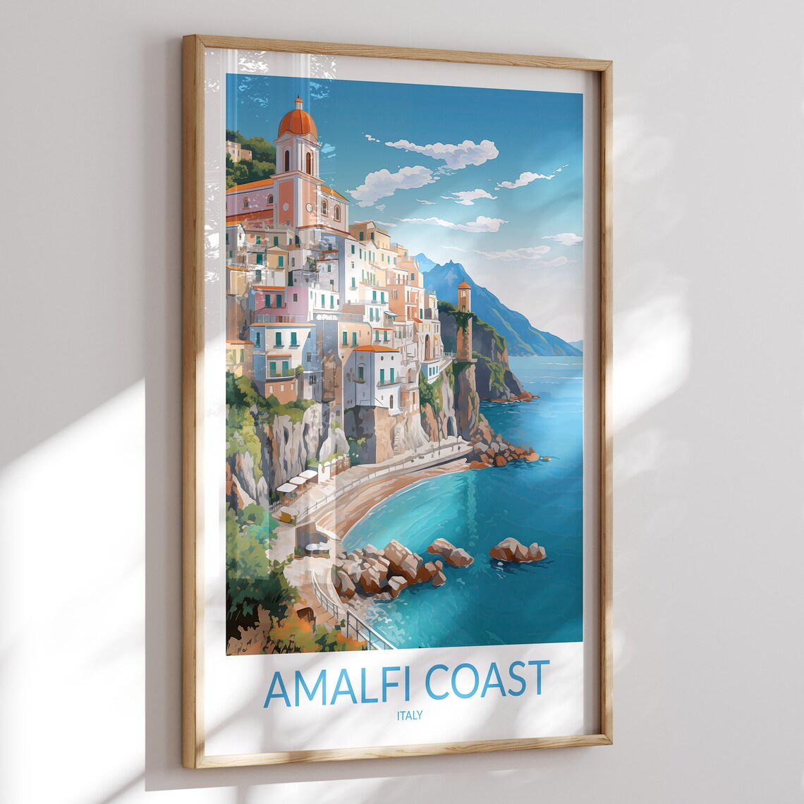 Amalfi Coast Italy Cliffside Bell Tower Beach Cove Travel Poster