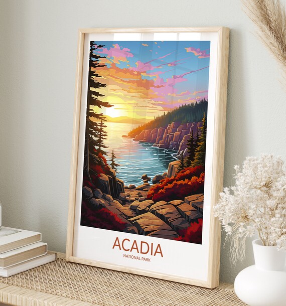 Acadia National Park Sunrise Cove Pastel Sky Ocean View Illustration Poster
