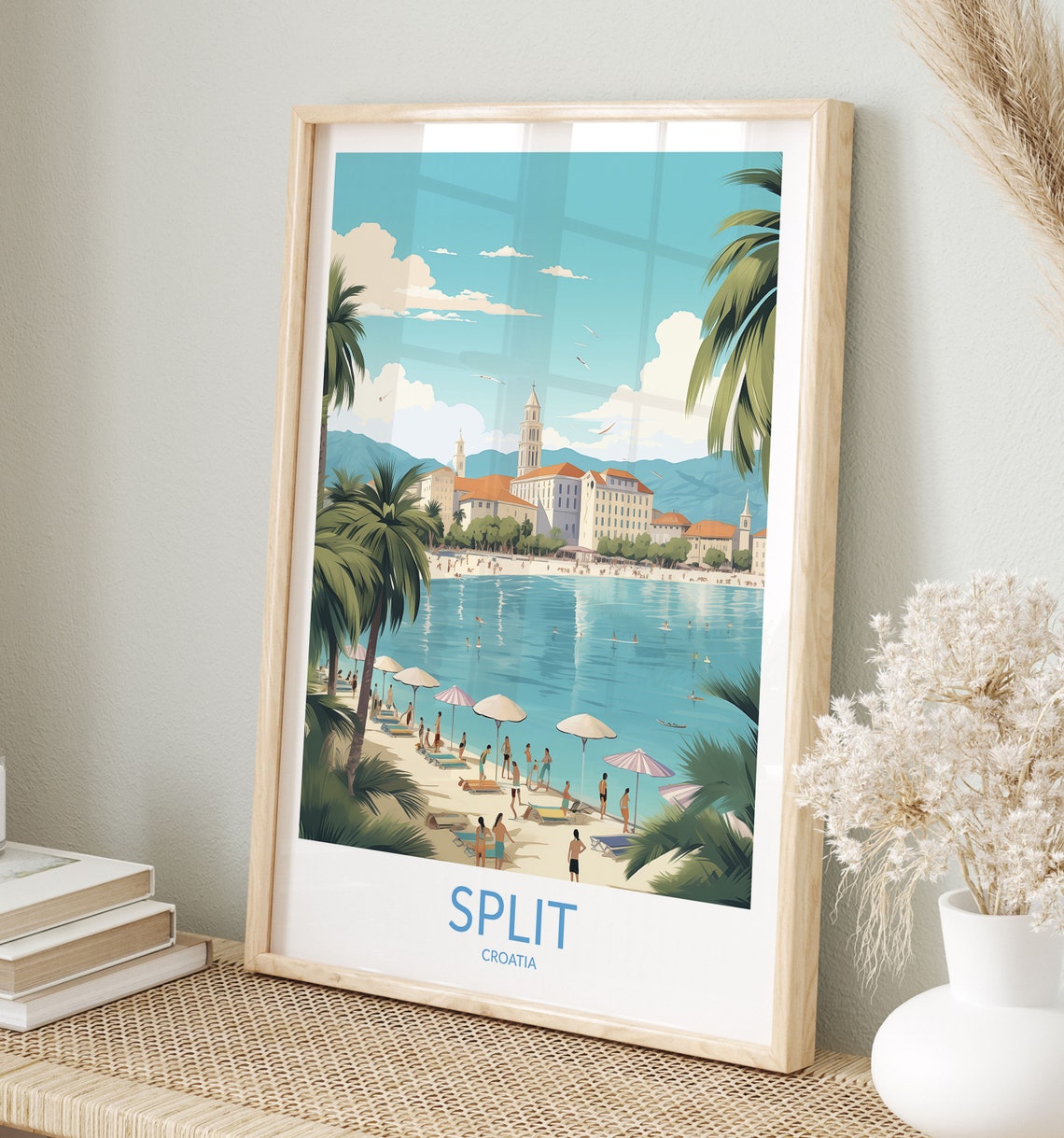 Split Croatia Beach Palms Umbrellas Old Town Skyline Travel Poster