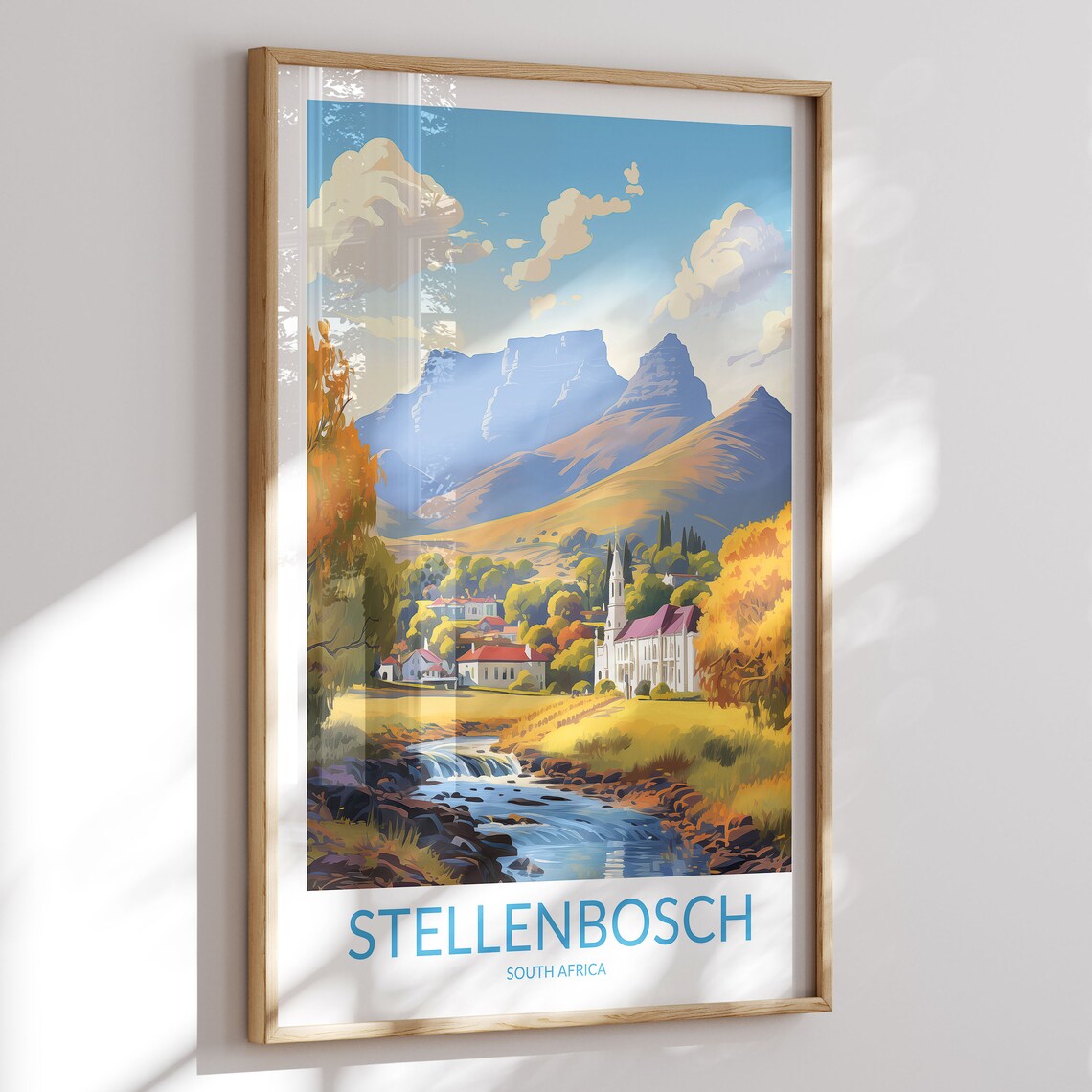Stellenbosch South Africa Mountain River Town Vintage Travel Poster