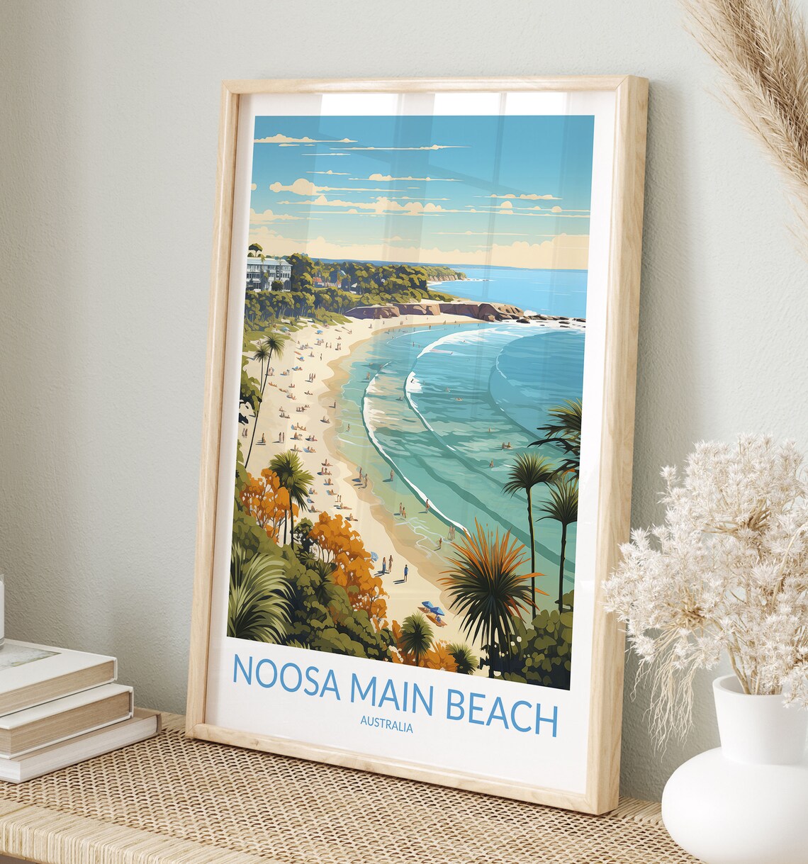 Noosa Main Beach Australia Beachgoers and Palms Ocean View Travel Poster