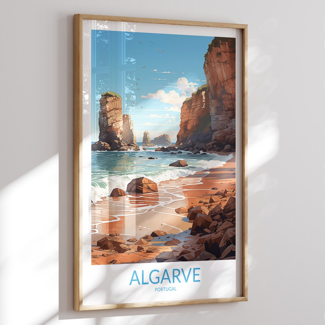 Algarve Portugal Dramatic Red Cliffs Sea Stacks Beach Travel Poster