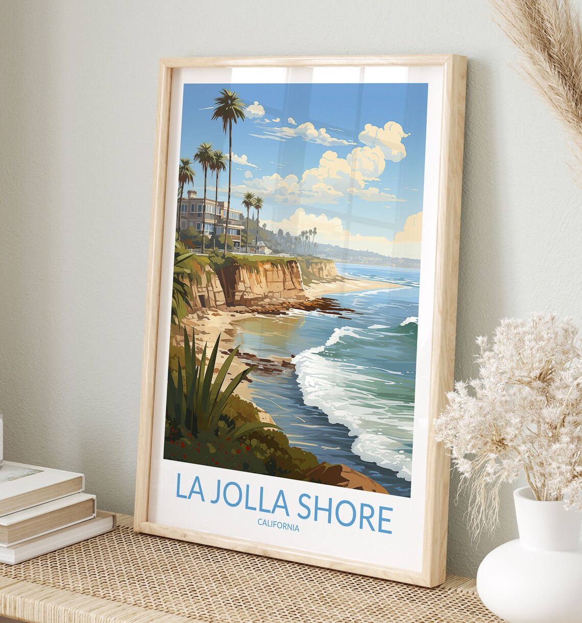 La Jolla Shore California Palm Cliff Ocean Surf Retro Travel Poster