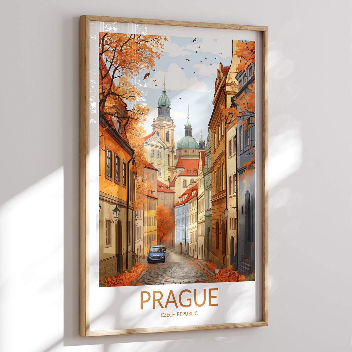 Prague Czech Republic Autumn Old Town Cobblestone Street Travel Poster