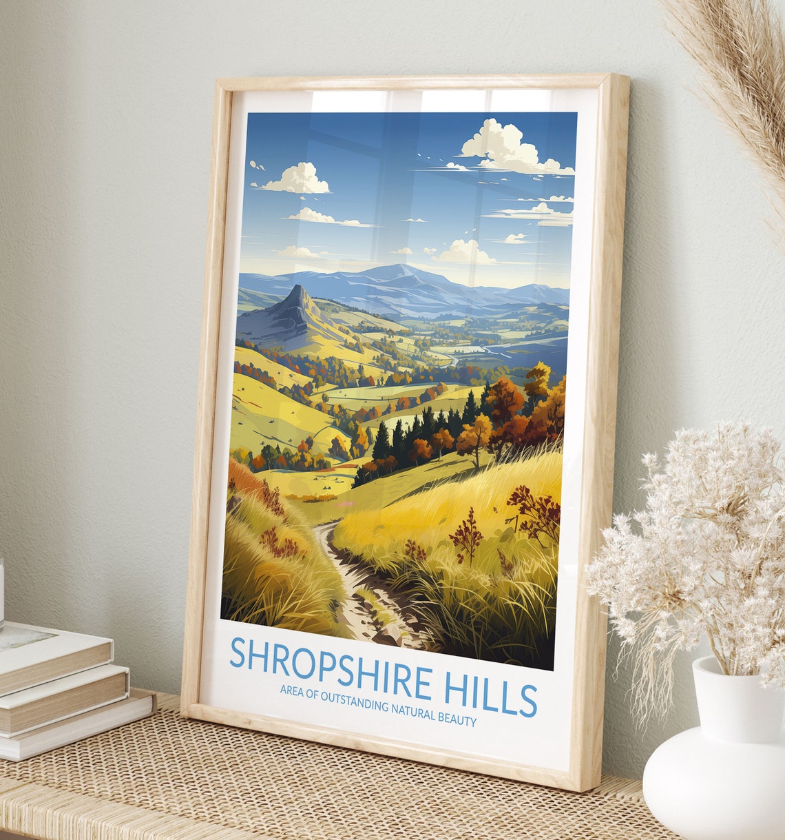 Shropshire Hills Golden Meadow Path Glowing in Autumn Colors Poster
