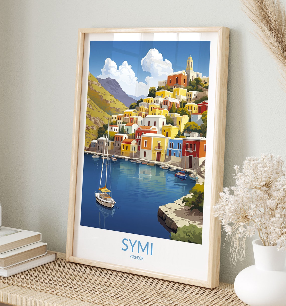 Symi Greece Colorful Harbor Scene with Sailboat Travel Poster