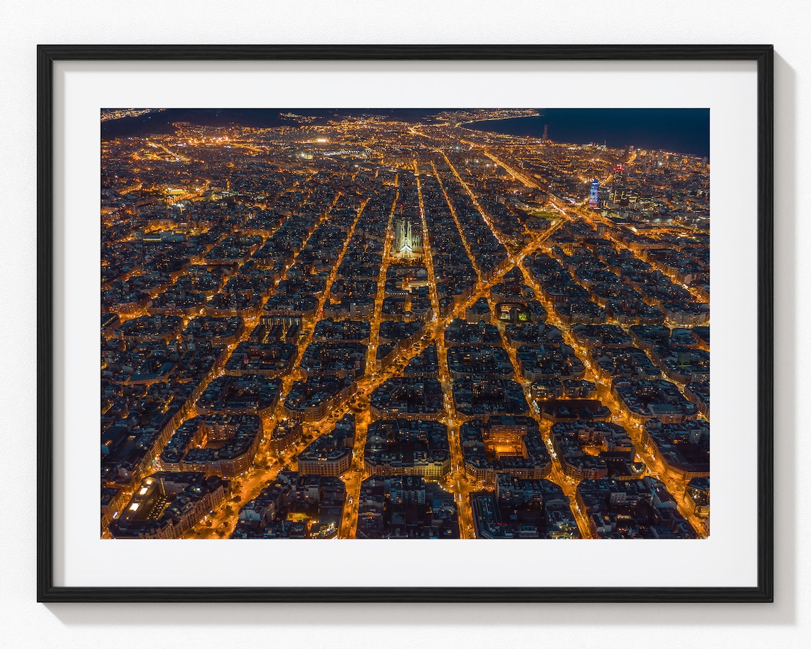 Barcelona Aerial Photo Print, City Night Travel Poster