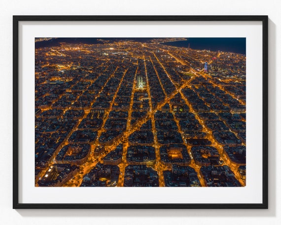Barcelona Aerial Photo Print, City Night Travel Poster
