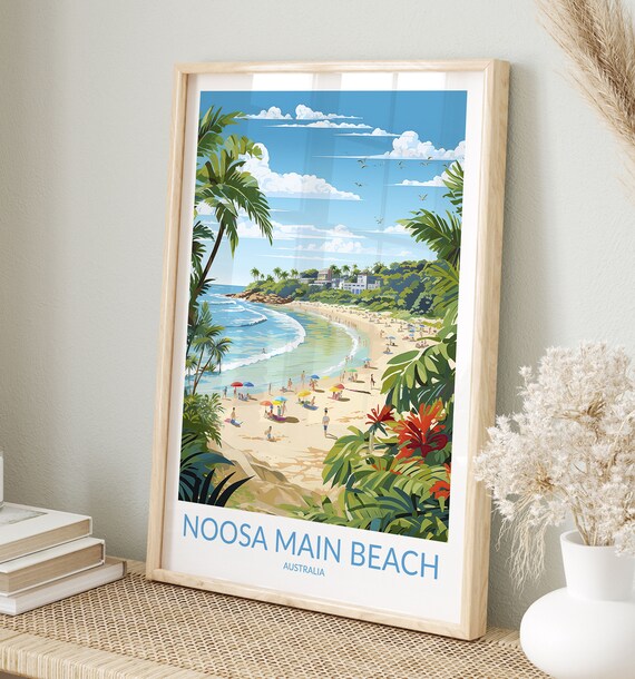Noosa Main Beach Australia Sunny Beach Umbrellas and Palms Travel Poster