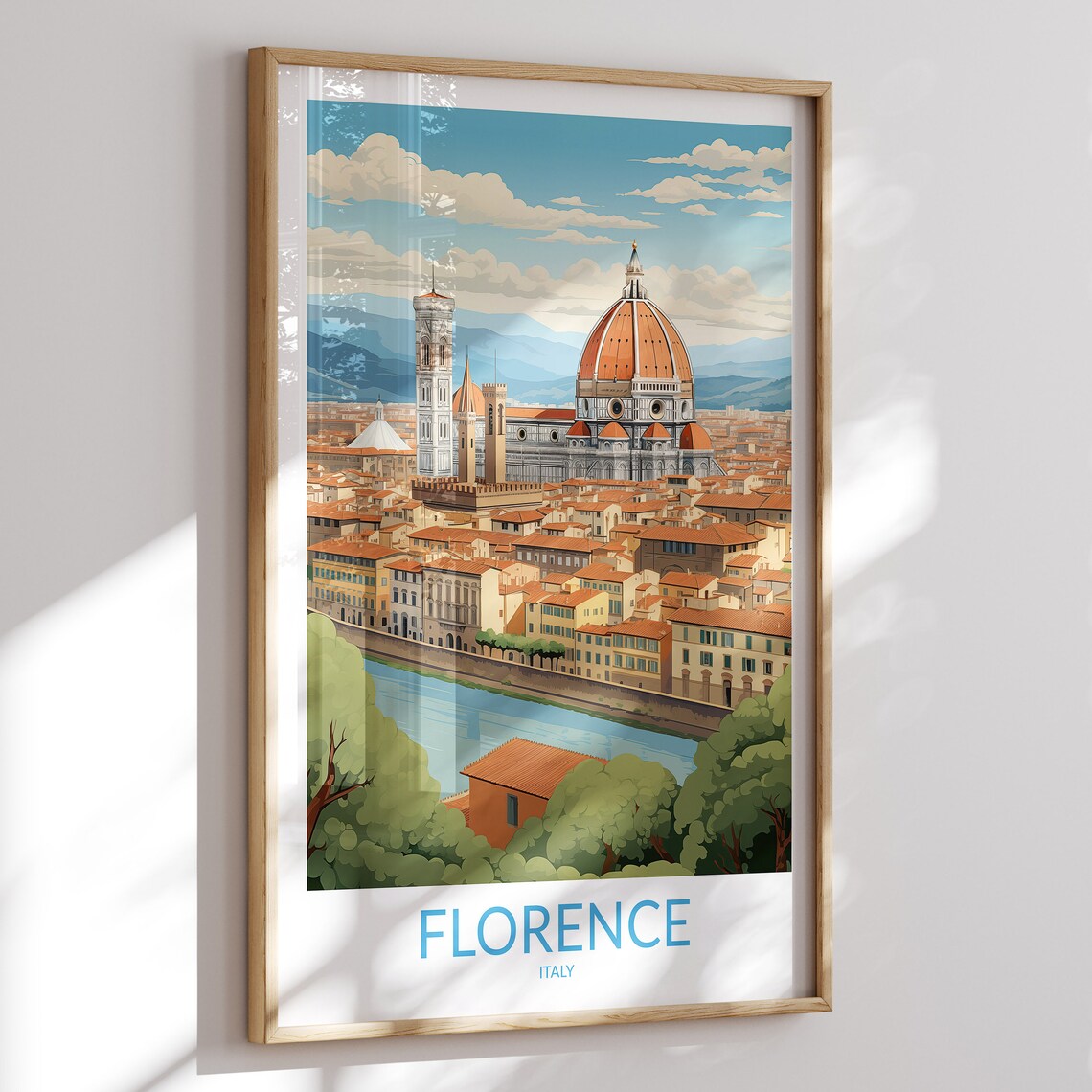 Florence Italy Arno Riverbend Duomo Green Trees Scene Travel Poster