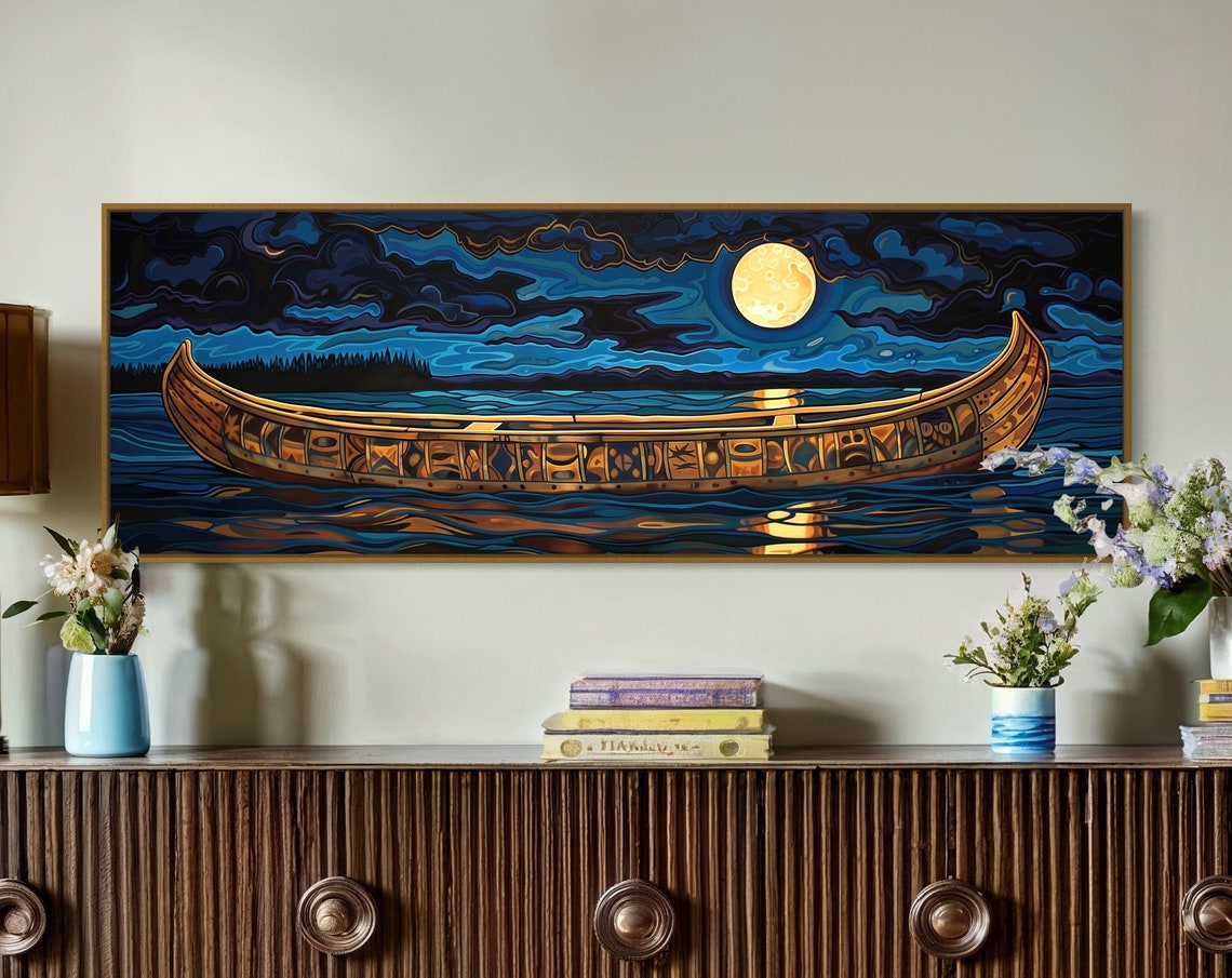 Rustic Moonlit Canoe Long Narrow Panoramic Print Atmospheric Night Sky Print Canoe Art With Rustic Charm For Lake House Gift