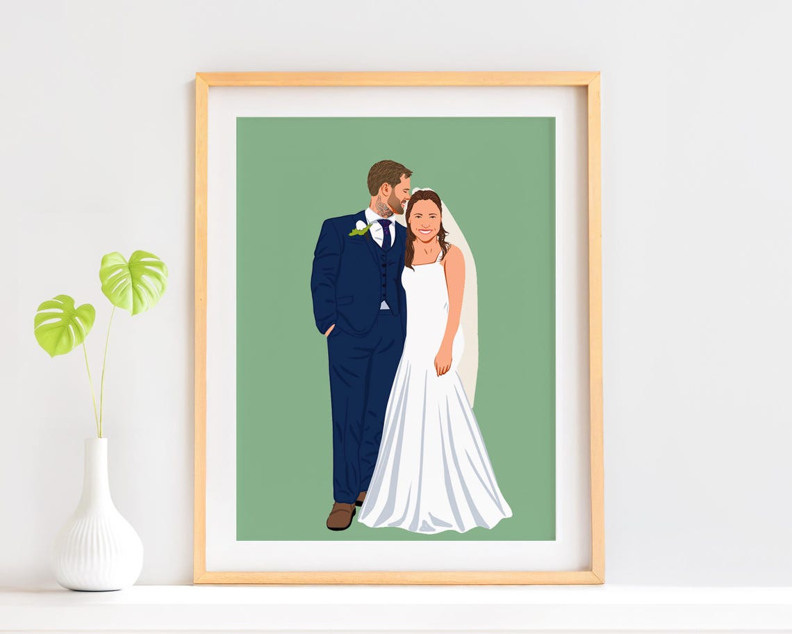 Custom Newlywed Couple Faceless Wedding Portrait Illustration Poster