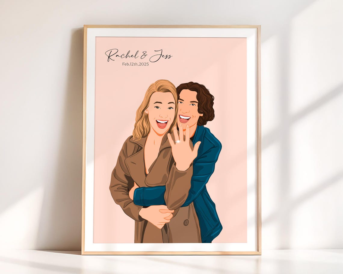 Custom Engaged Couple Showing Ring on Blush Background Poster