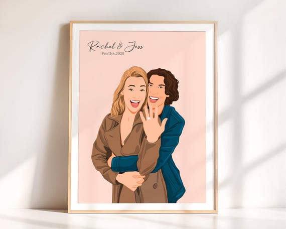 Custom Engaged Couple Showing Ring on Blush Background Poster