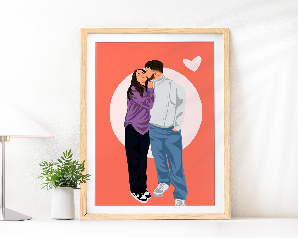 Custom Kissing Couple Faceless Portrait on Coral Red Background Poster