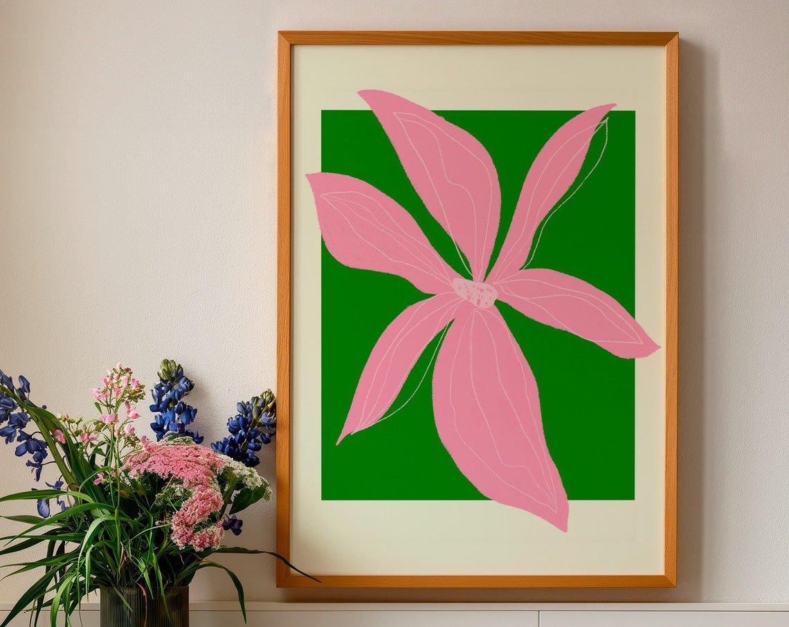 Pink Lily Blossom On Green Square Bold Floral Statement Poster