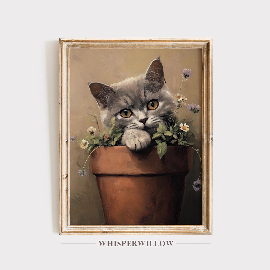 Gray Kitten Peeking Out of a Flower Pot Cute Painting Poster