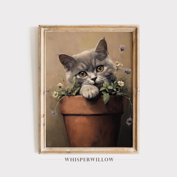 Gray Kitten Peeking Out of a Flower Pot Cute Painting Poster