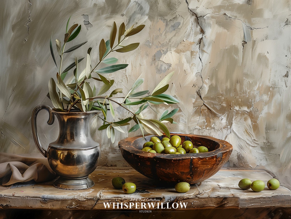 Olive Branches and Green Olives Rustic Still Life Painting Poster - Image 6