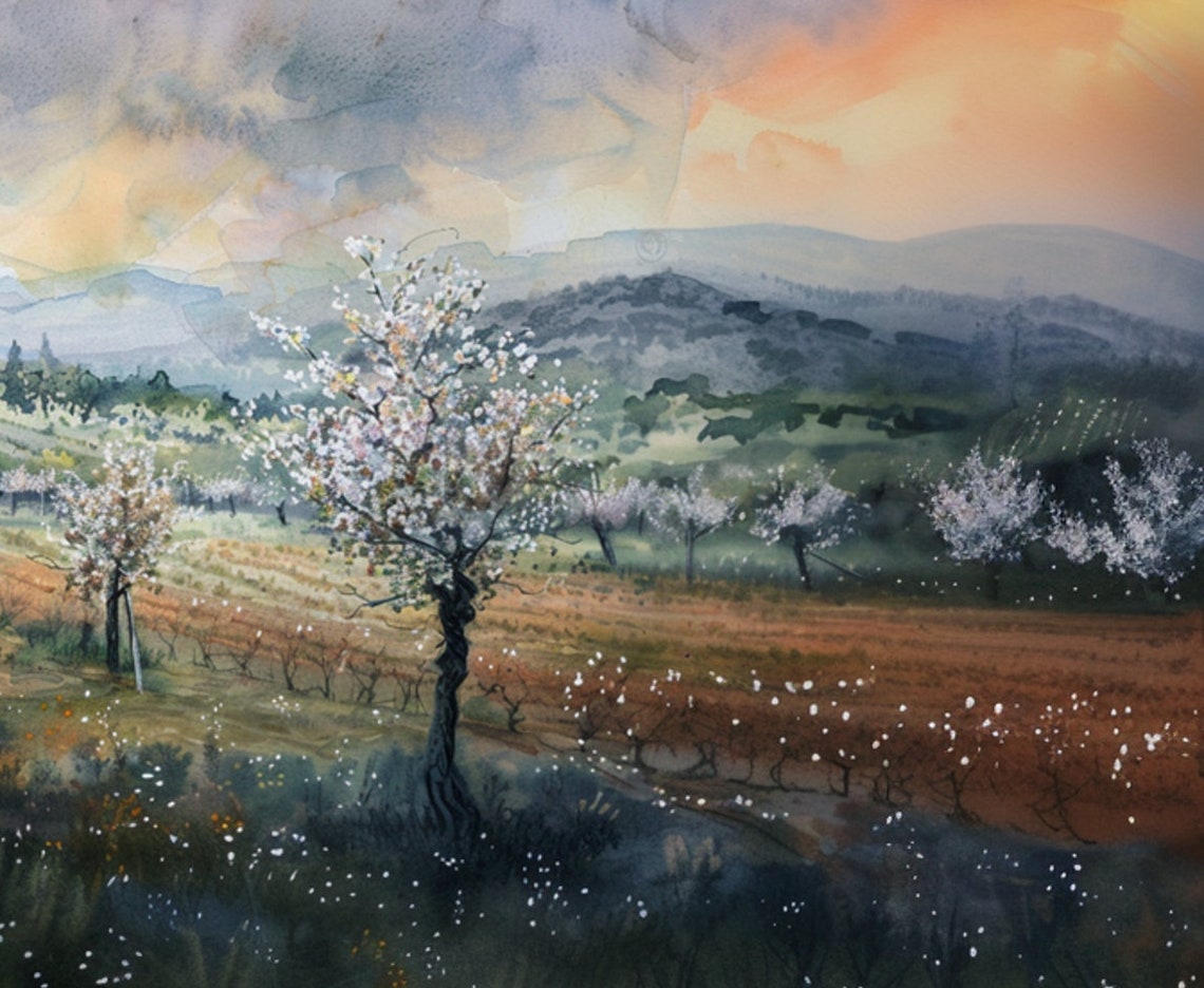 Blossoming Vineyard Sunset Watercolor Spring Orchard Hills Poster - Image 6