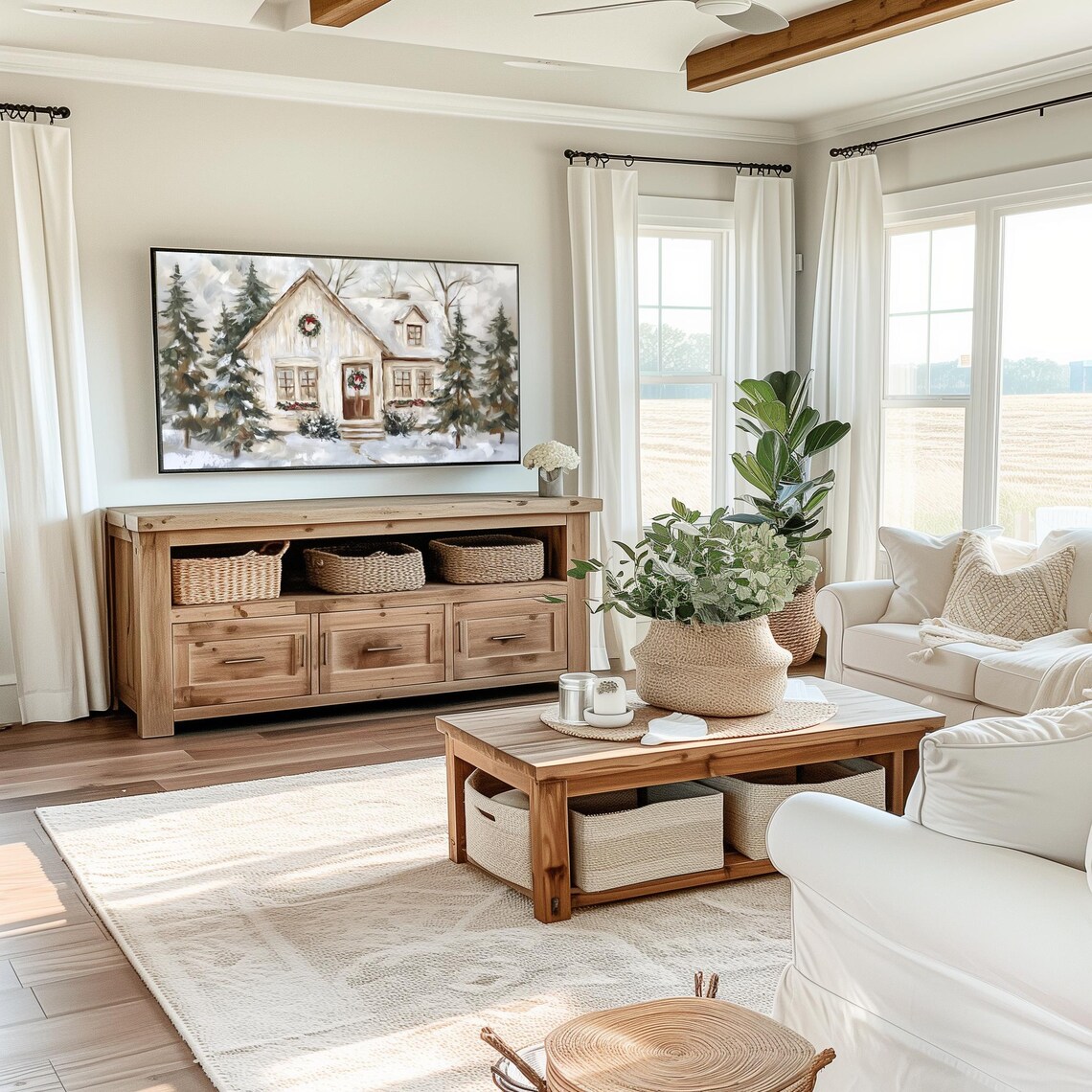 Cozy Snowy Christmas Cottage with Wreaths Winter Village Poster - Image 4