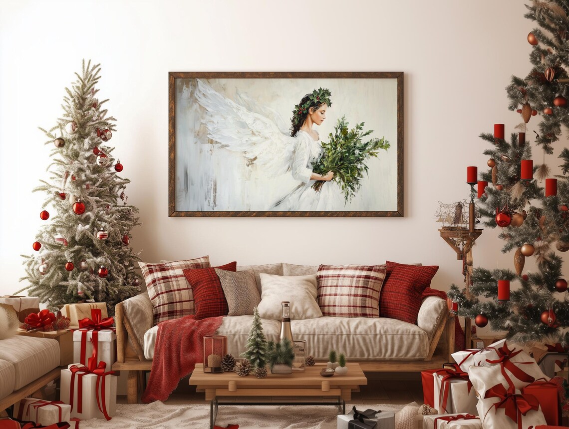 Christmas Angel in White Gown Carrying Greenery Painting Poster - Image 4