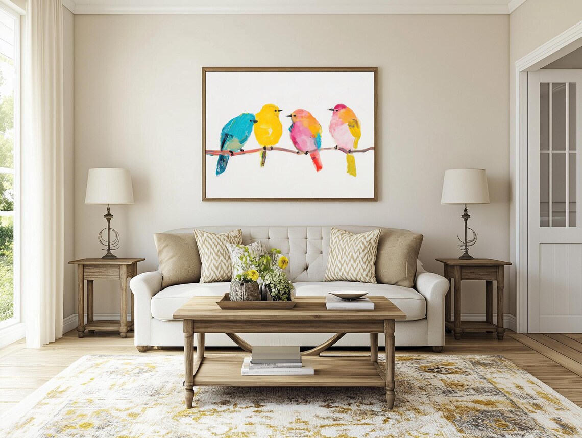 Colorful Birds On Branch Landscape, Wildlife Art Print - Image 3