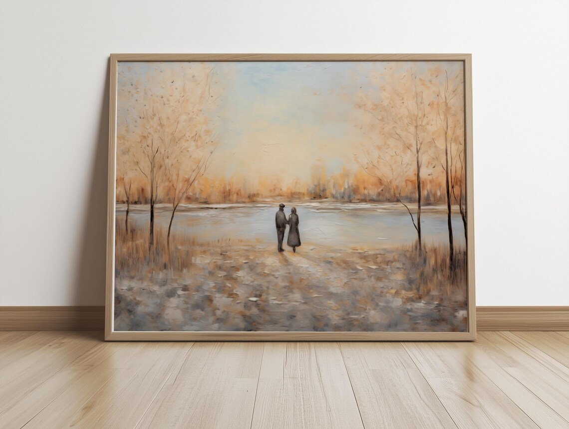 Couple Walking Beside a Calm Lake at Golden Autumn Dusk Poster - Image 3